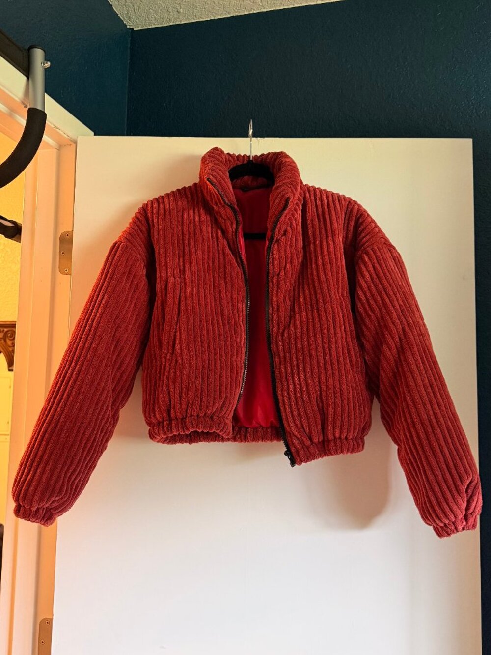 Cropped Puffer Bomber Jacket - Red Corduroy, Size XS
